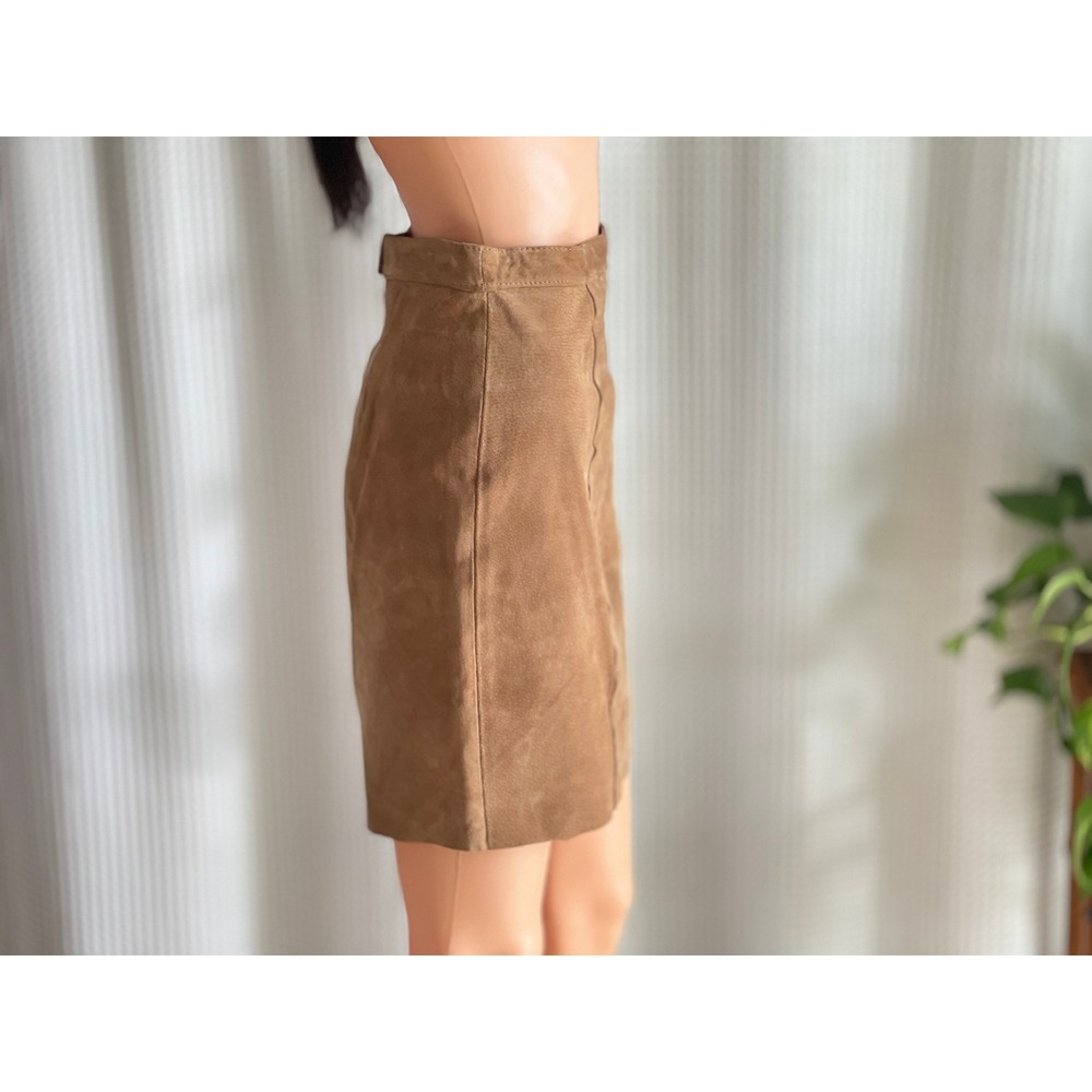 Vintage 90s Global Identity Leather London Tan Brown‎ Suede Mini Skirt Size 3/4 - Picture 3 of 9